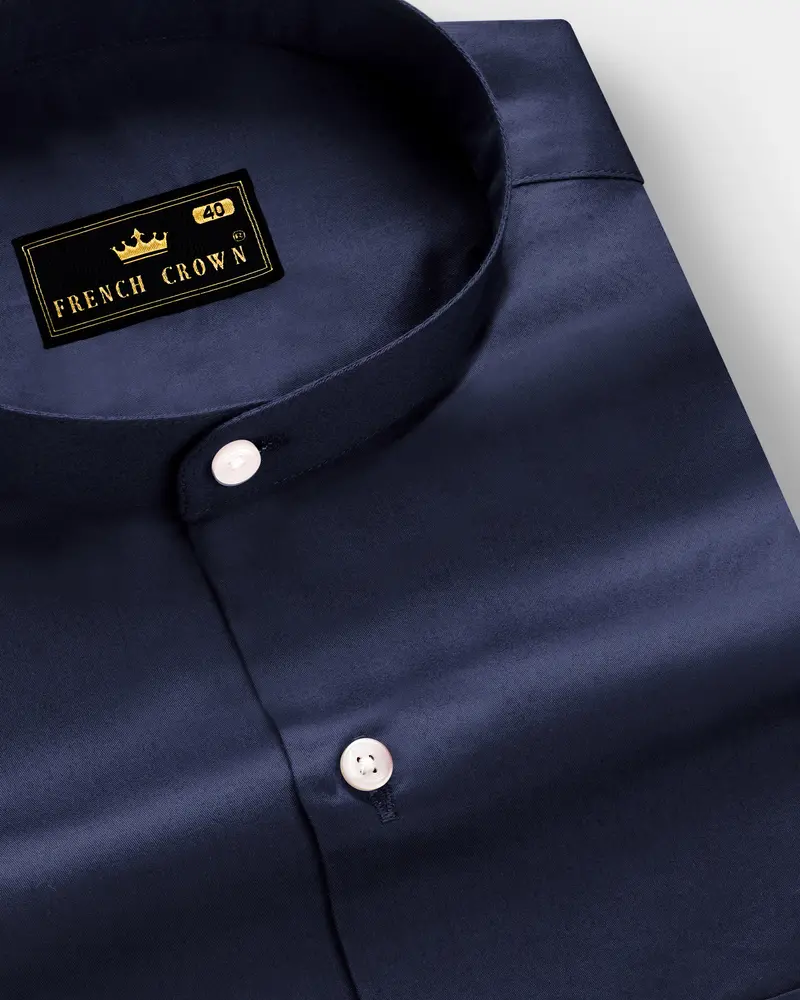 Cerulean-Tealish Blue Solid Subtle Sheen Super Soft Premium Cotton Semi Formal Mandarin Collar Shirt 1