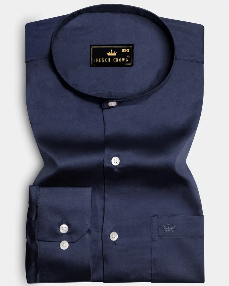 Cerulean-Tealish Blue Solid Subtle Sheen Super Soft Premium Cotton Semi Formal Mandarin Collar Shirt 10