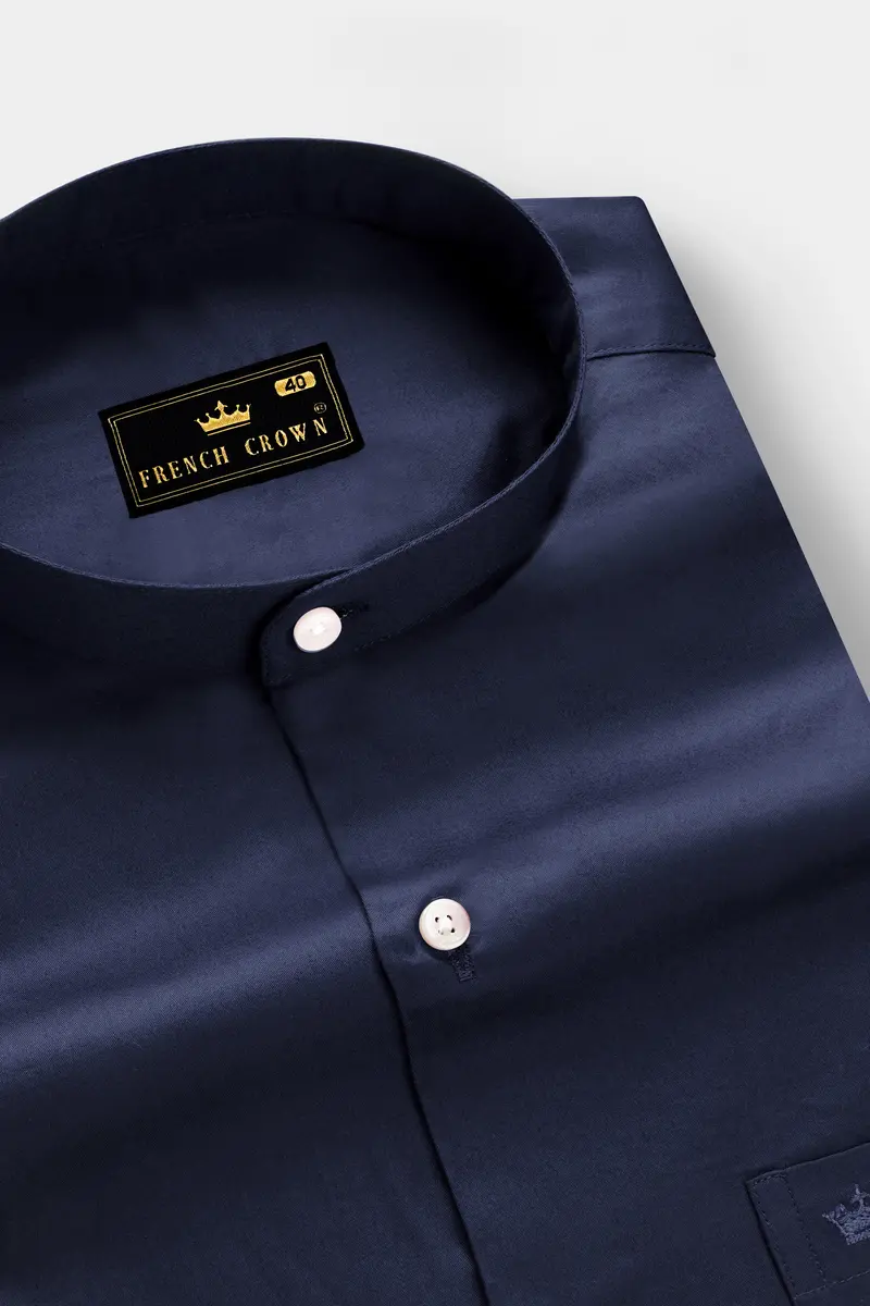 Cerulean-Tealish Blue Solid Subtle Sheen Super Soft Premium Cotton Semi Formal Mandarin Collar Shirt 2