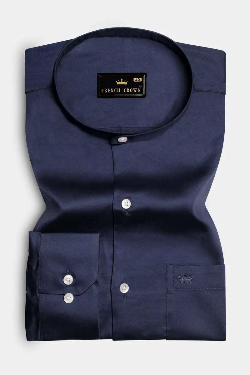 Cerulean-Tealish Blue Solid Subtle Sheen Super Soft Premium Cotton Semi Formal Mandarin Collar Shirt 4