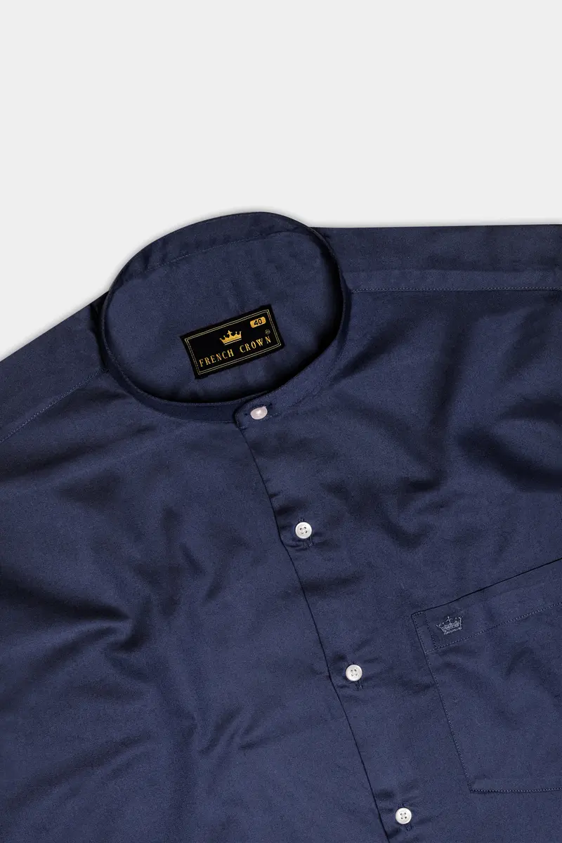 Cerulean-Tealish Blue Solid Subtle Sheen Super Soft Premium Cotton Semi Formal Mandarin Collar Shirt 5