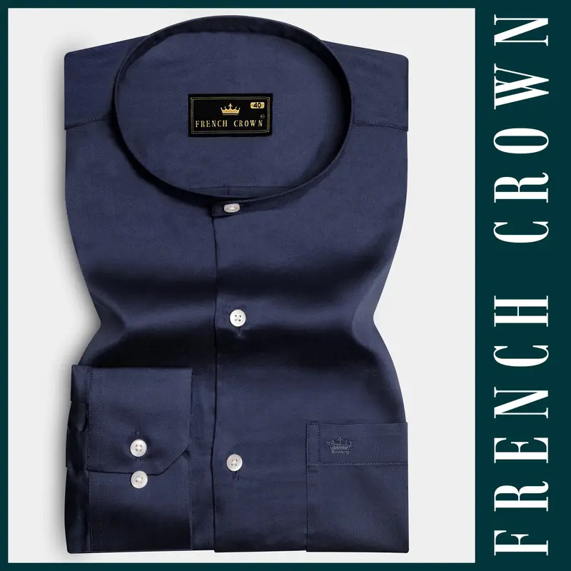 Cerulean-Tealish Blue Solid Subtle Sheen Super Soft Premium Cotton Semi Formal Mandarin Collar Shirt 6