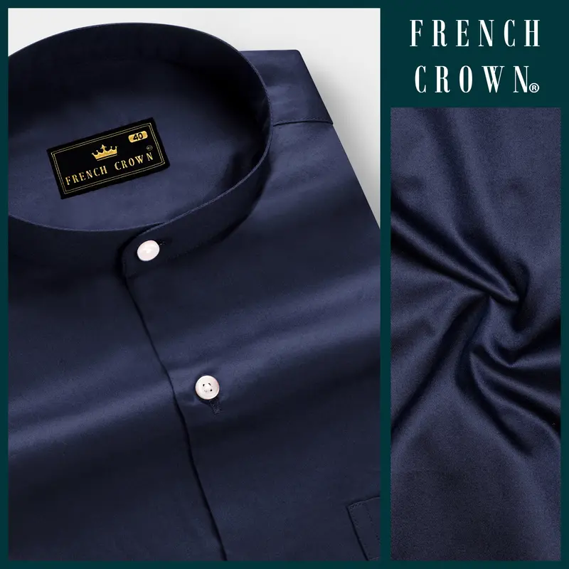 Cerulean-Tealish Blue Solid Subtle Sheen Super Soft Premium Cotton Semi Formal Mandarin Collar Shirt 8