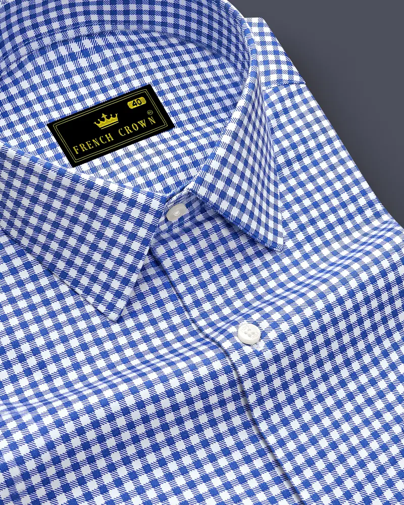 Cerulio-Cerulean Blue And Bright White Gingham Plaid Subtle Sheen Super Soft Premium Cotton Dress Shirt 1