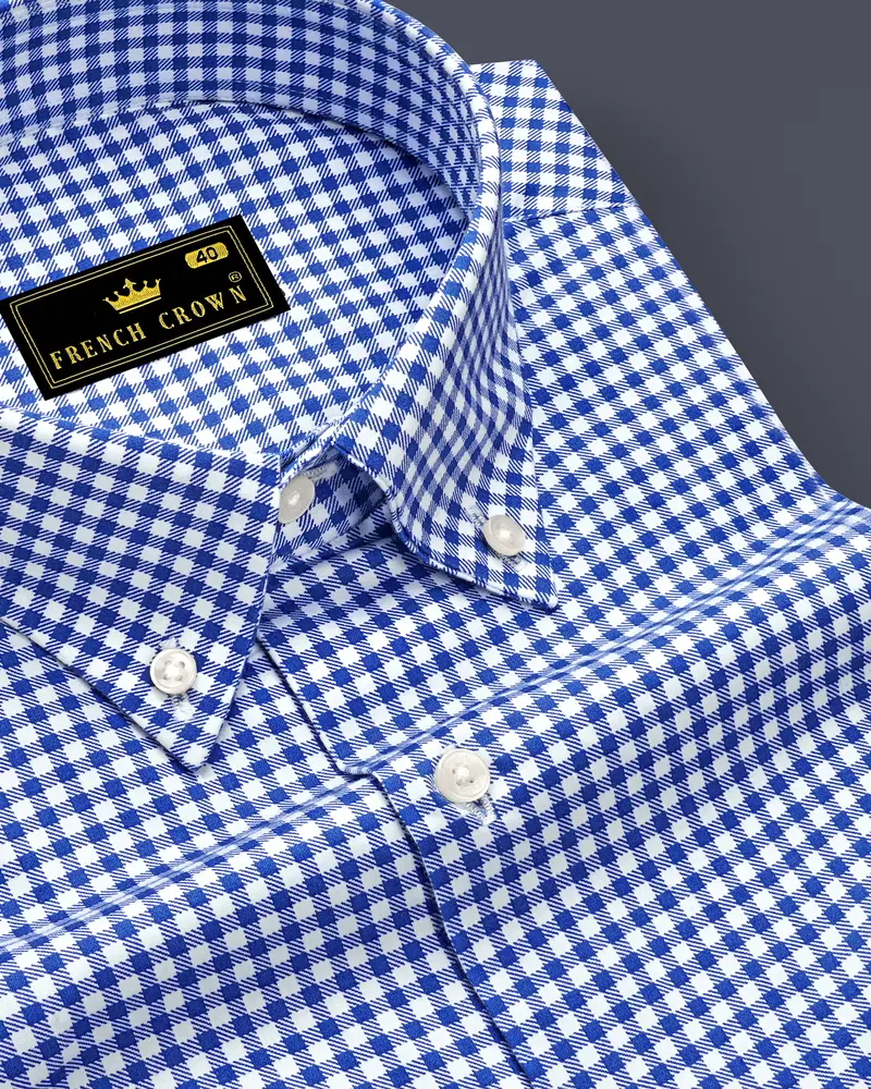 Cerulio-Cerulean Blue And Bright White Gingham Plaid Super Soft Premium Cotton Button Down Dress Shirt 1