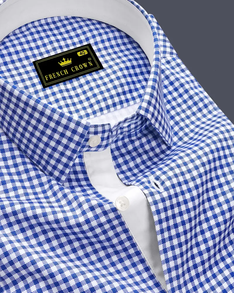 Cerulio-Cerulean Blue And Bright White Gingham Plaid Super Soft Premium Cotton Dress Shirt 1
