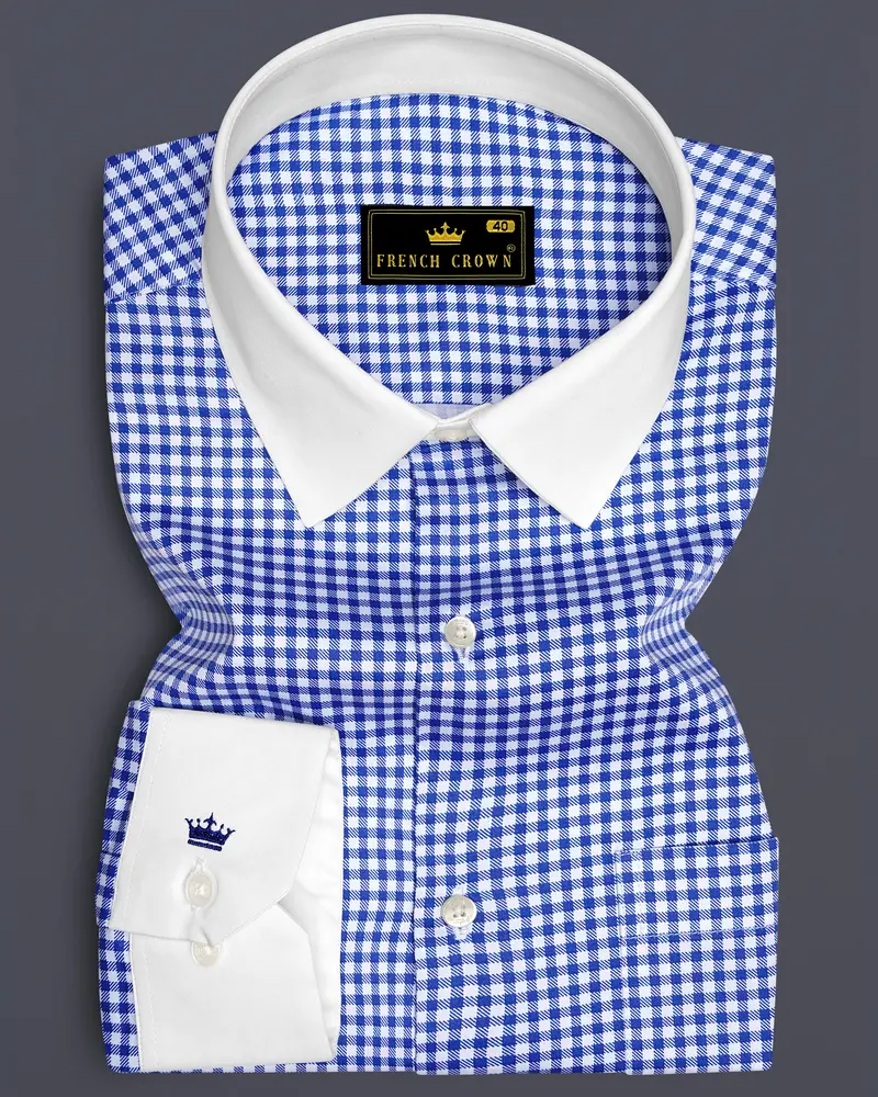 Cerulio-Cerulean Blue And Bright White Gingham Plaid Super Soft Premium Cotton Dress White Cuff Collar Shirt 1