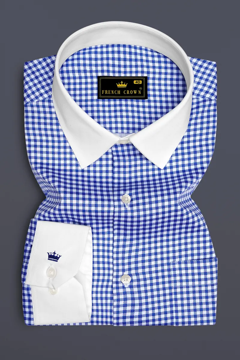 Cerulio-Cerulean Blue And Bright White Gingham Plaid Super Soft Premium Cotton Dress White Cuff Collar Shirt 2