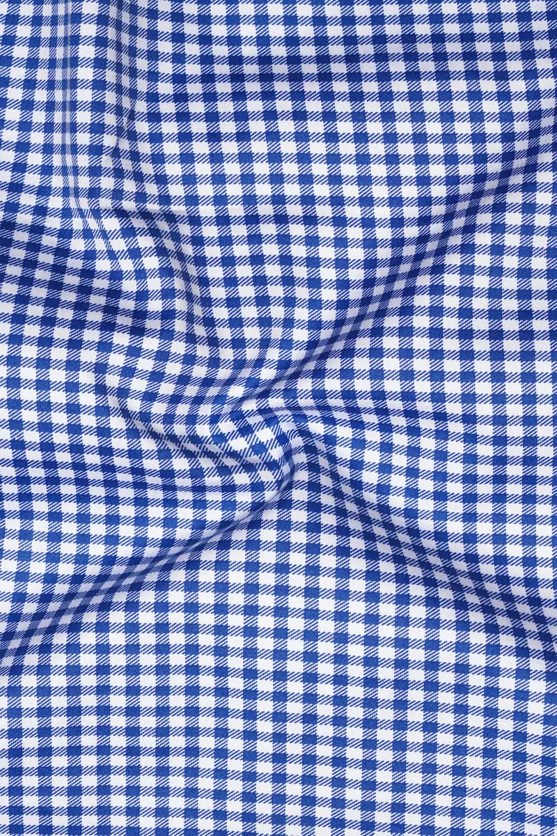 Cerulio-Cerulean Blue And Bright White Gingham Plaid Super Soft Premium Cotton Dress White Cuff Collar Shirt 3