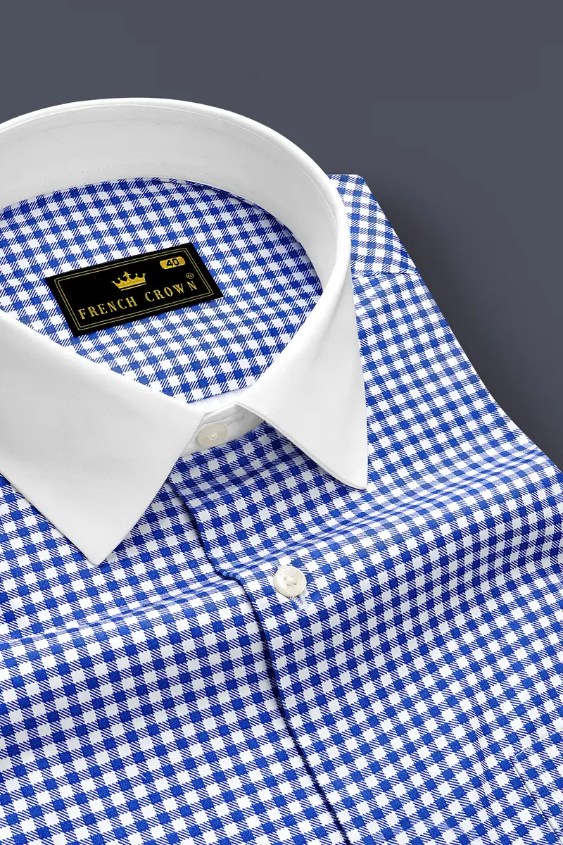 Cerulio-Cerulean Blue And Bright White Gingham Plaid Super Soft Premium Cotton Dress White Cuff Collar Shirt 4
