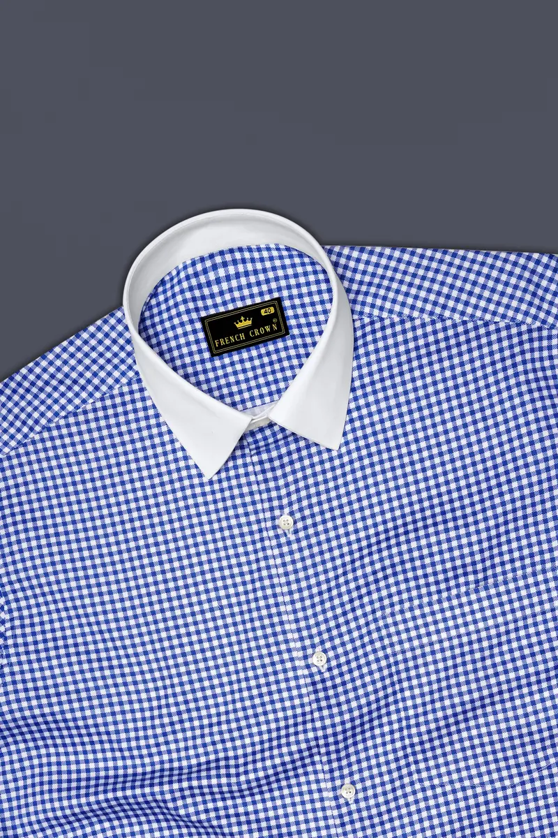 Cerulio-Cerulean Blue And Bright White Gingham Plaid Super Soft Premium Cotton Dress White Cuff Collar Shirt 5