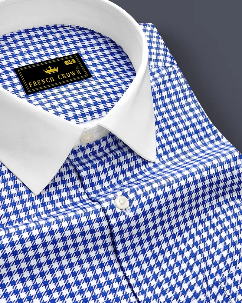 Cerulio-Cerulean Blue And Bright White Gingham Plaid Super Soft Premium Cotton Dress White Cuff Collar Shirt 6