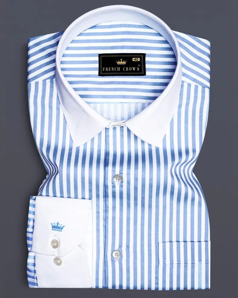 Ceruloro-Glacier Blue And Bright White Candy Striped Super Soft Premium Cotton Dress White Cuff Collar Shirt 1