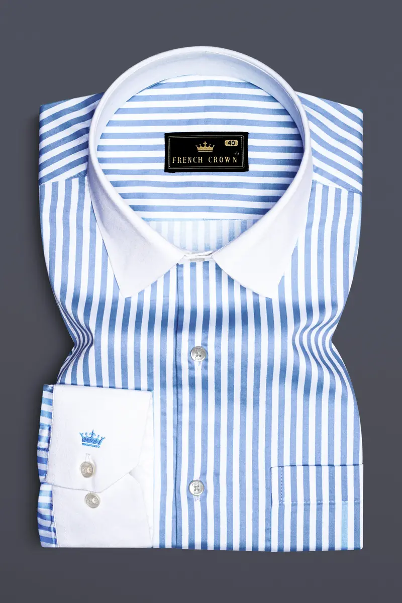 Ceruloro-Glacier Blue And Bright White Candy Striped Super Soft Premium Cotton Dress White Cuff Collar Shirt 2
