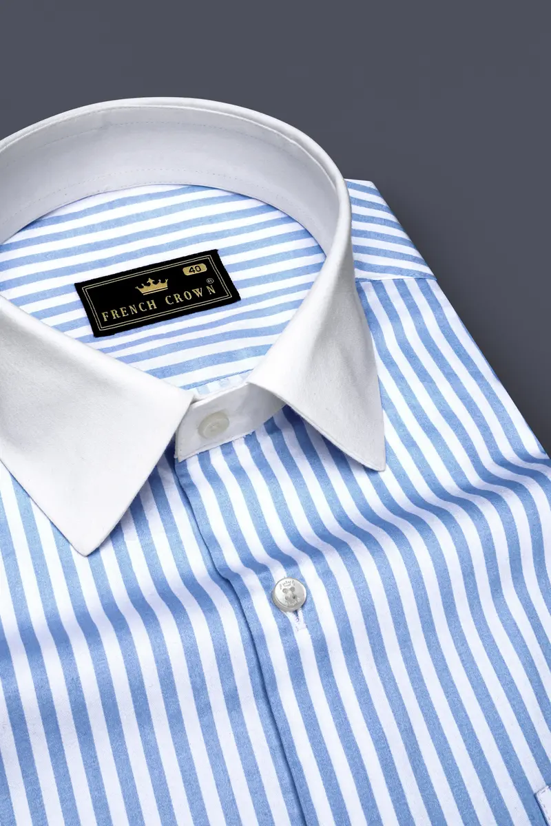 Ceruloro-Glacier Blue And Bright White Candy Striped Super Soft Premium Cotton Dress White Cuff Collar Shirt 4