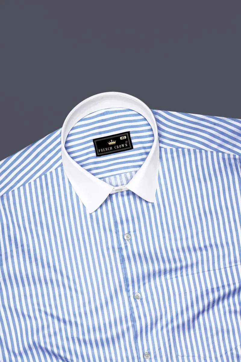 Ceruloro-Glacier Blue And Bright White Candy Striped Super Soft Premium Cotton Dress White Cuff Collar Shirt 5