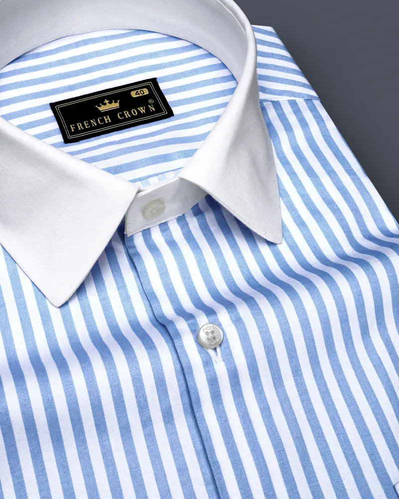 Ceruloro-Glacier Blue And Bright White Candy Striped Super Soft Premium Cotton Dress White Cuff Collar Shirt 6