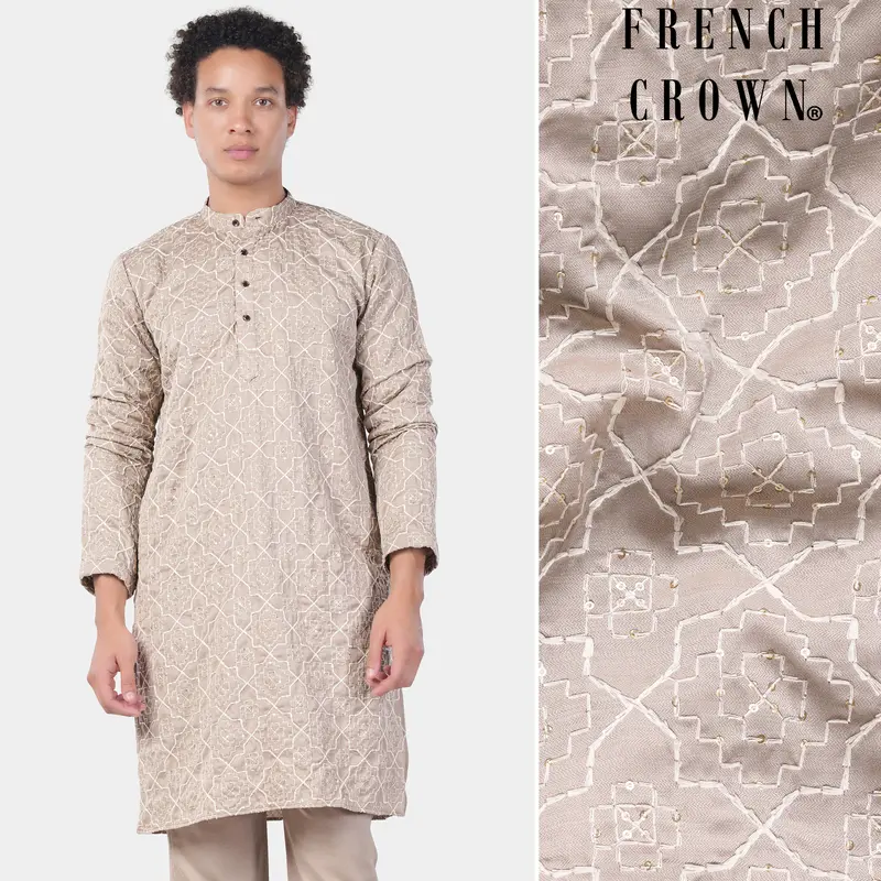 Chalice Brown And White Trellis Pattern Thread And Sequin Embroidered Subtle Sheen Viscose Designer Kurta 1