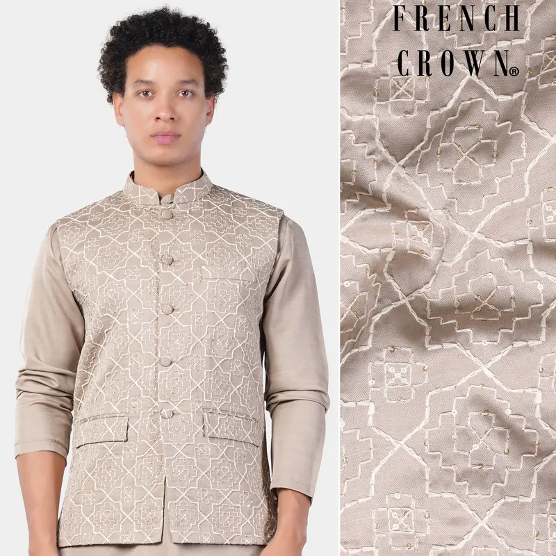 Chalice Brown Trellis Pattern Thread And Sequin Embroidered Designer Viscose Nehru Jacket 1