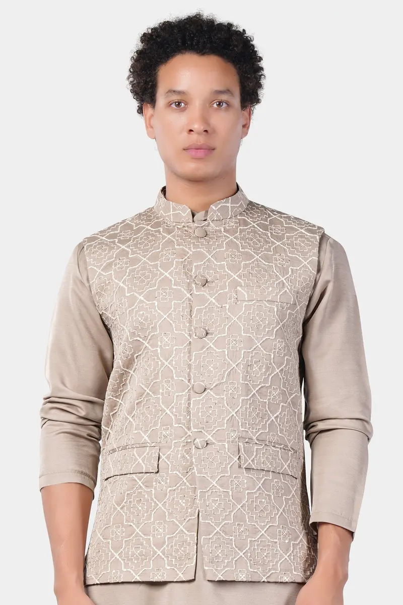 Chalice Brown Trellis Pattern Thread And Sequin Embroidered Designer Viscose Nehru Jacket 2