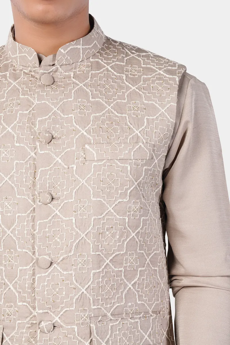 Chalice Brown Trellis Pattern Thread And Sequin Embroidered Designer Viscose Nehru Jacket 4
