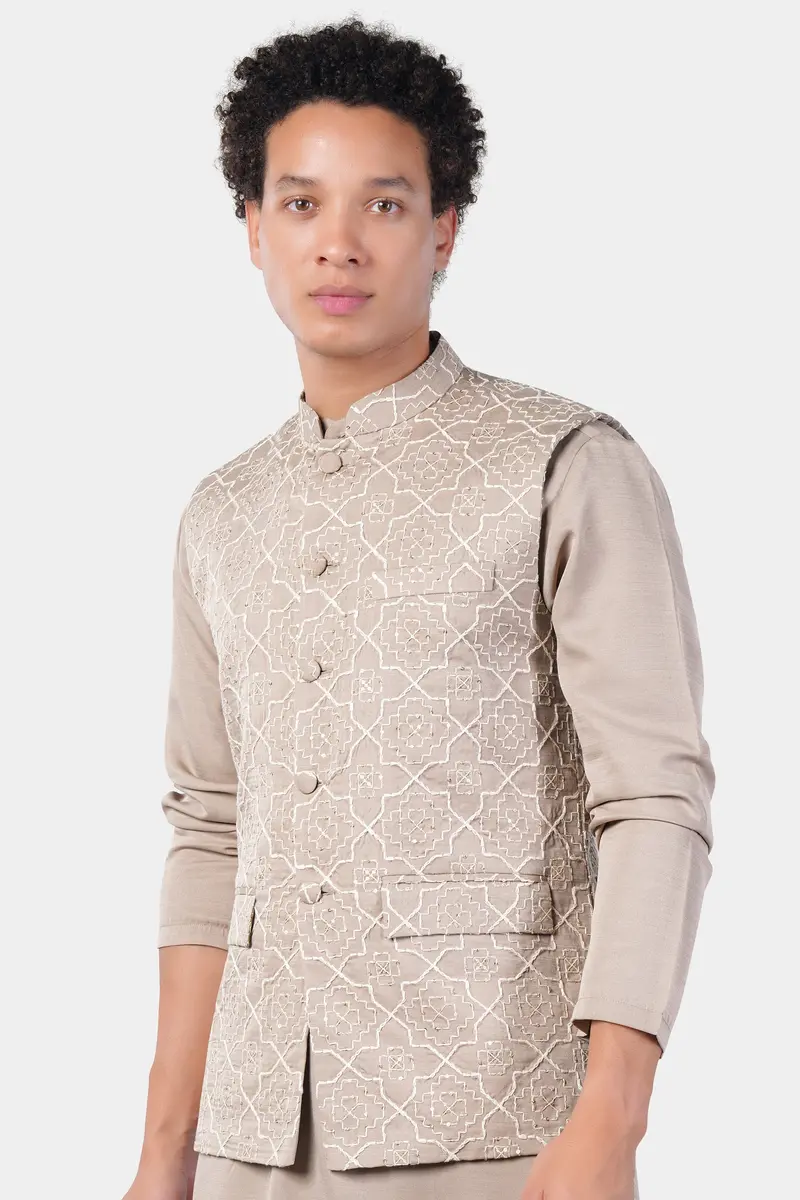 Chalice Brown Trellis Pattern Thread And Sequin Embroidered Designer Viscose Nehru Jacket 5
