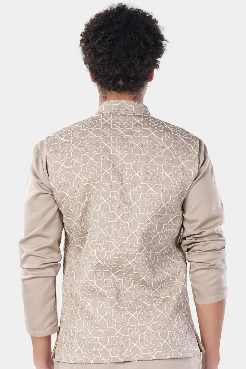 Chalice Brown Trellis Pattern Thread And Sequin Embroidered Designer Viscose Nehru Jacket 6