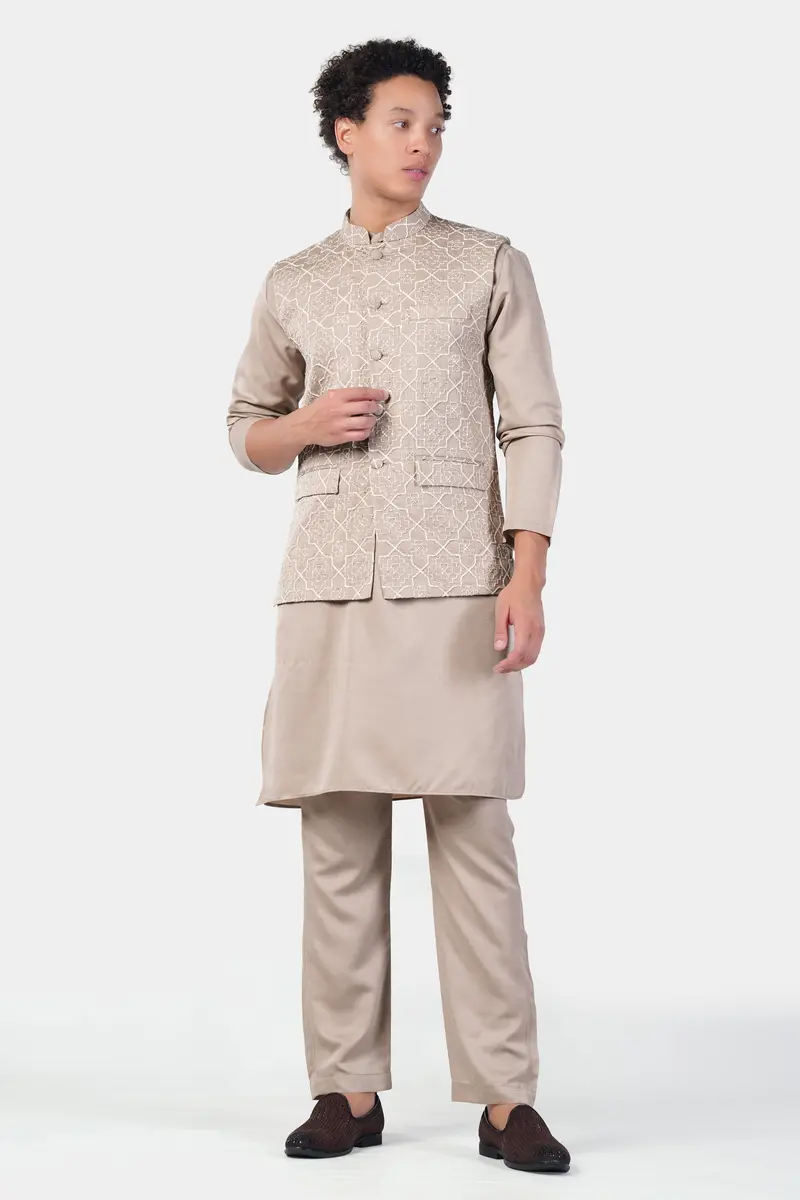 Chalice Brown Trellis Pattern Thread And Sequin Embroidered Designer Viscose Nehru Jacket 7