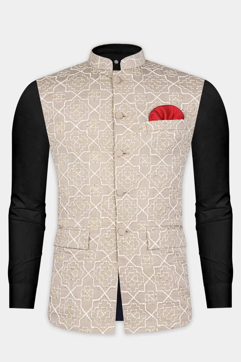 Chalice Brown Trellis Pattern Thread And Sequin Embroidered Designer Viscose Nehru Jacket 9