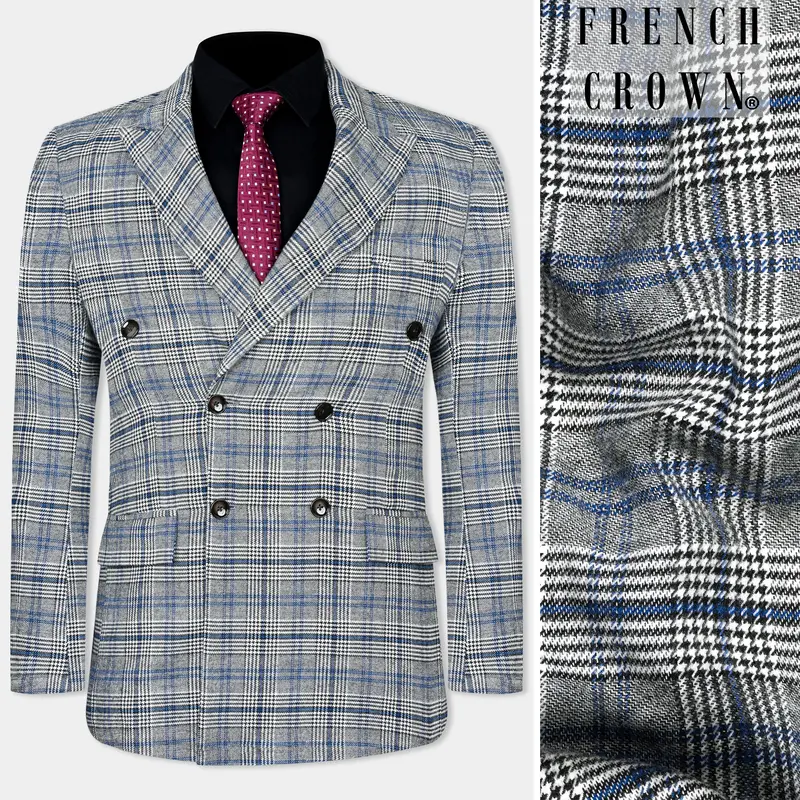 Chalice Gray And Chathams Blue Plaid Houndstooth Tweed Double-Breasted Blazer 1
