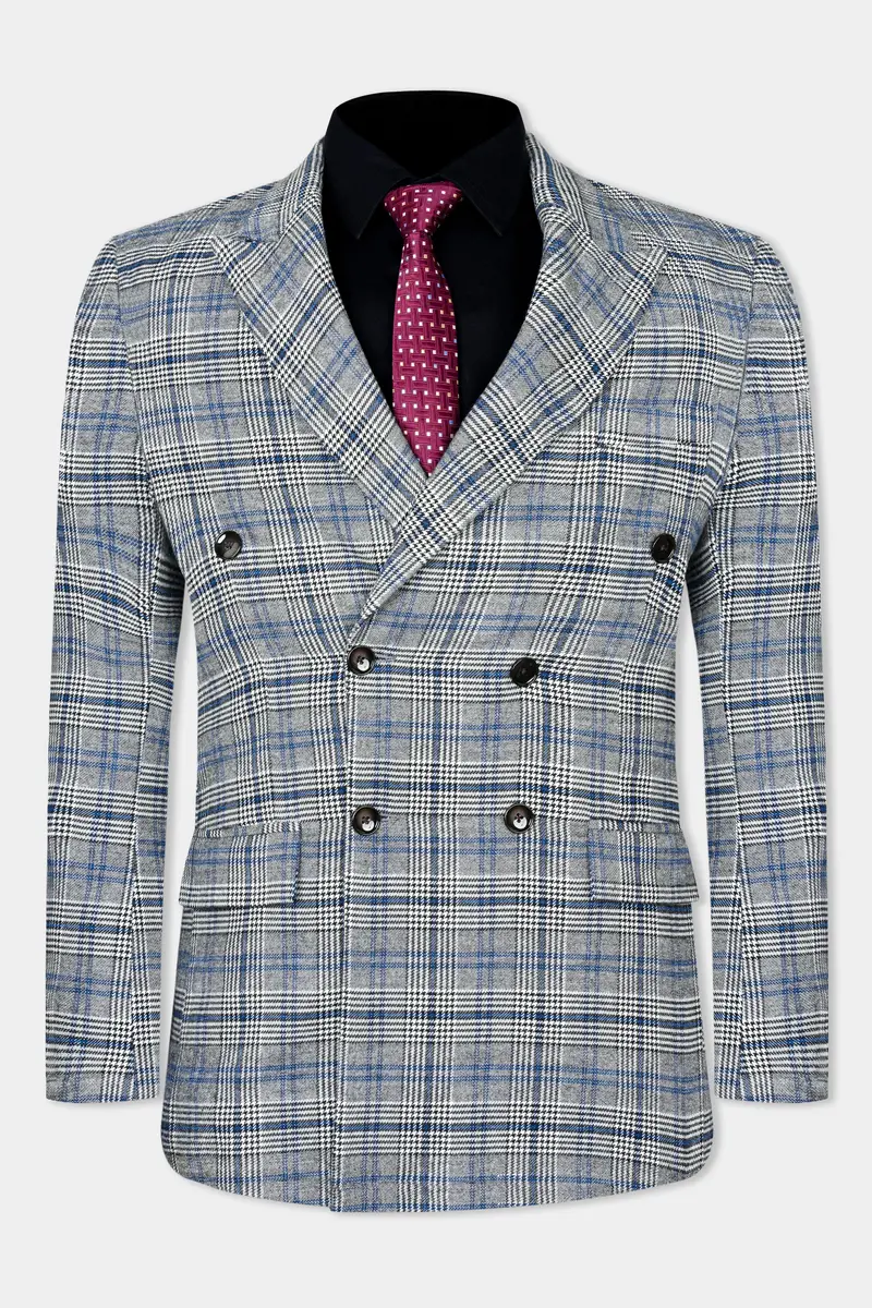 Chalice Gray And Chathams Blue Plaid Houndstooth Tweed Double-Breasted Blazer 2