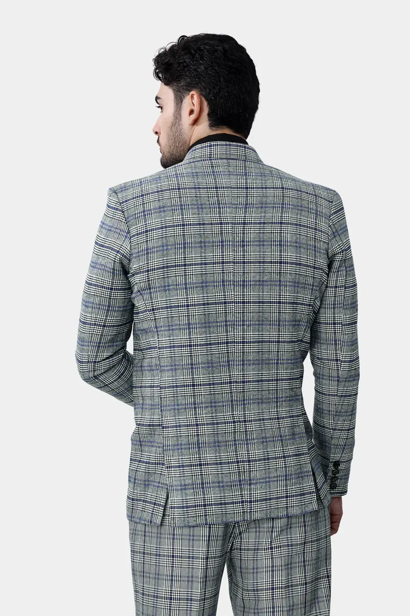 Chalice Gray And Chathams Blue Plaid Houndstooth Tweed Double-Breasted Blazer 5
