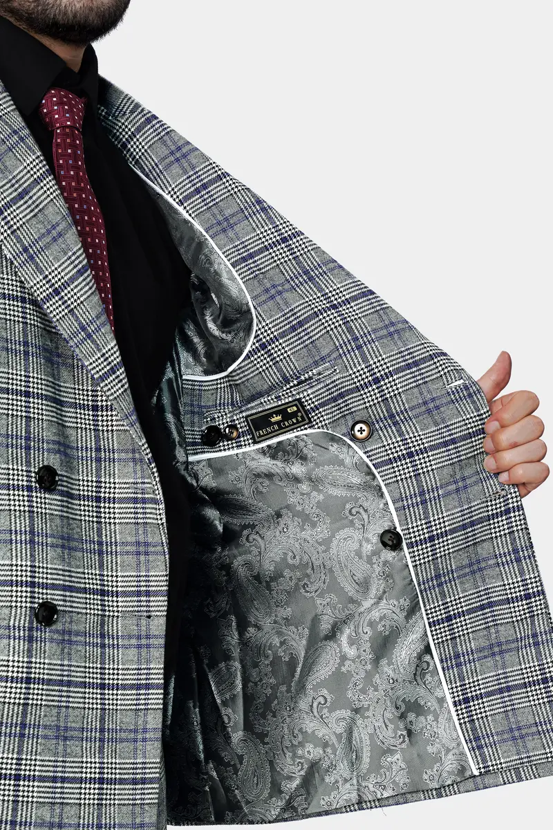 Chalice Gray And Chathams Blue Plaid Houndstooth Tweed Double-Breasted Blazer 6