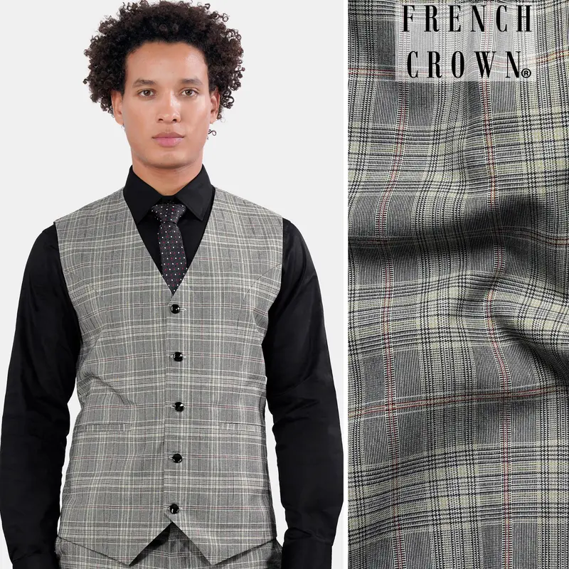 Chalice Gray Plaid And Black Wool Rich Designer Waistcoat 1