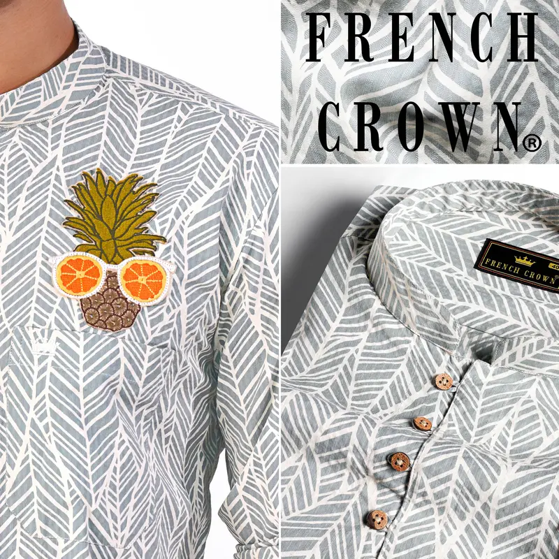 Chalice Gray With White Printed And Pineapple Embroidered Premium Cotton Designer Kurta Shirt 1