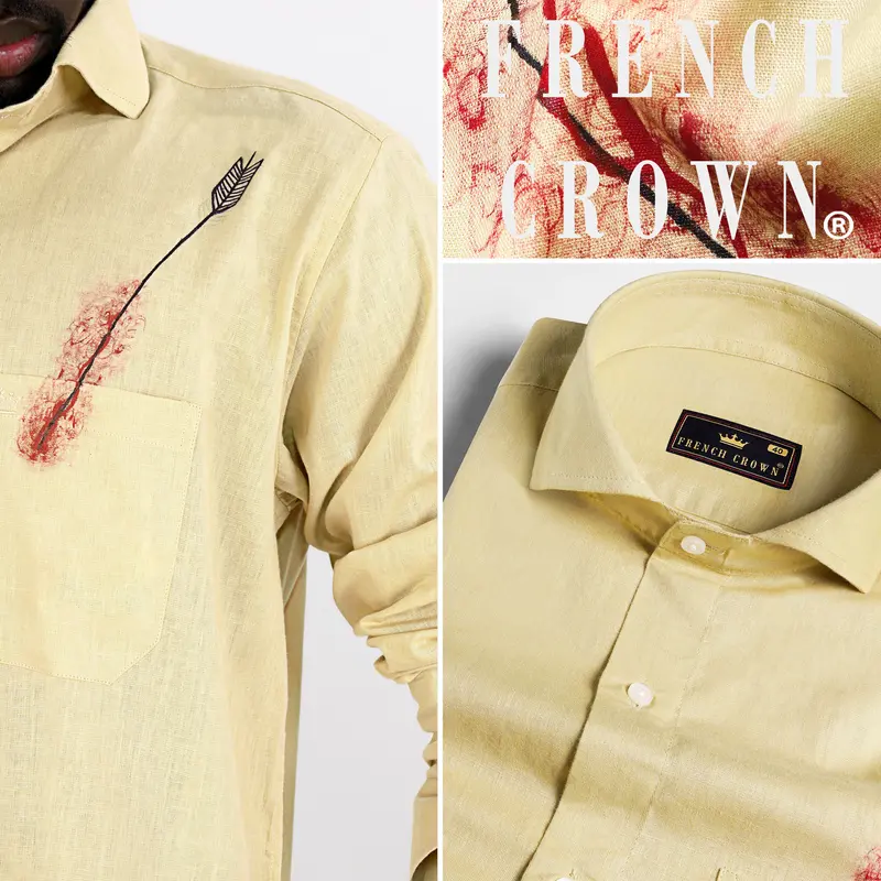 Chalky Brown With Scarlet Red Arrow Hand Painted Luxurious Linen Designer Shirt 1