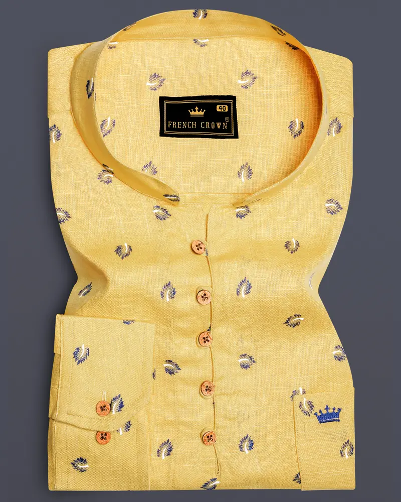 Chalky Yellow Printed Luxurious Linen Casual Kurta Shirt 1