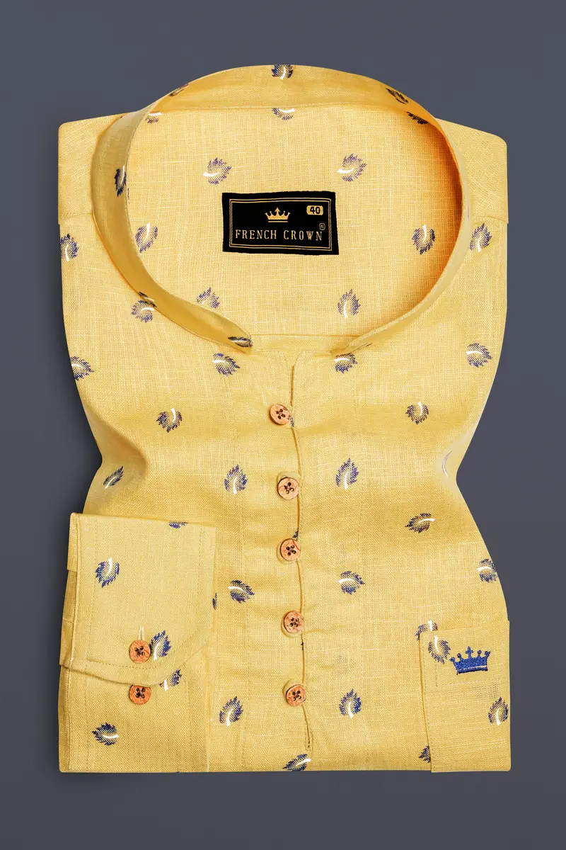 Chalky Yellow Printed Luxurious Linen Casual Kurta Shirt 2