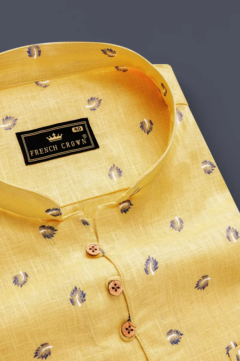 Chalky Yellow Printed Luxurious Linen Casual Kurta Shirt 4