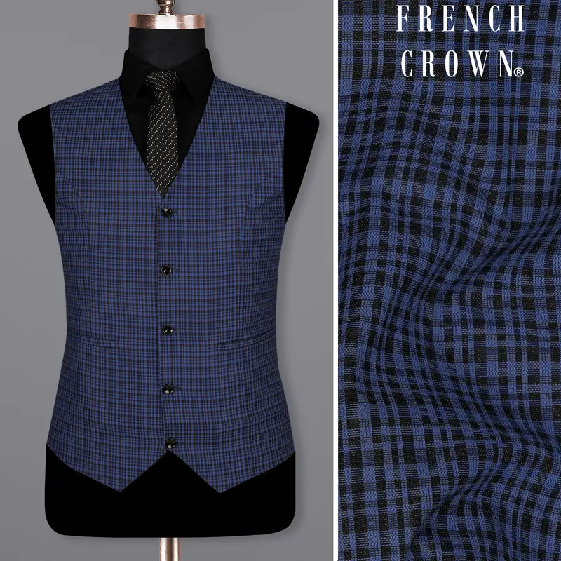 Chambray Blue And Jade Black Gingham Premium Cotton Waistcoat 1