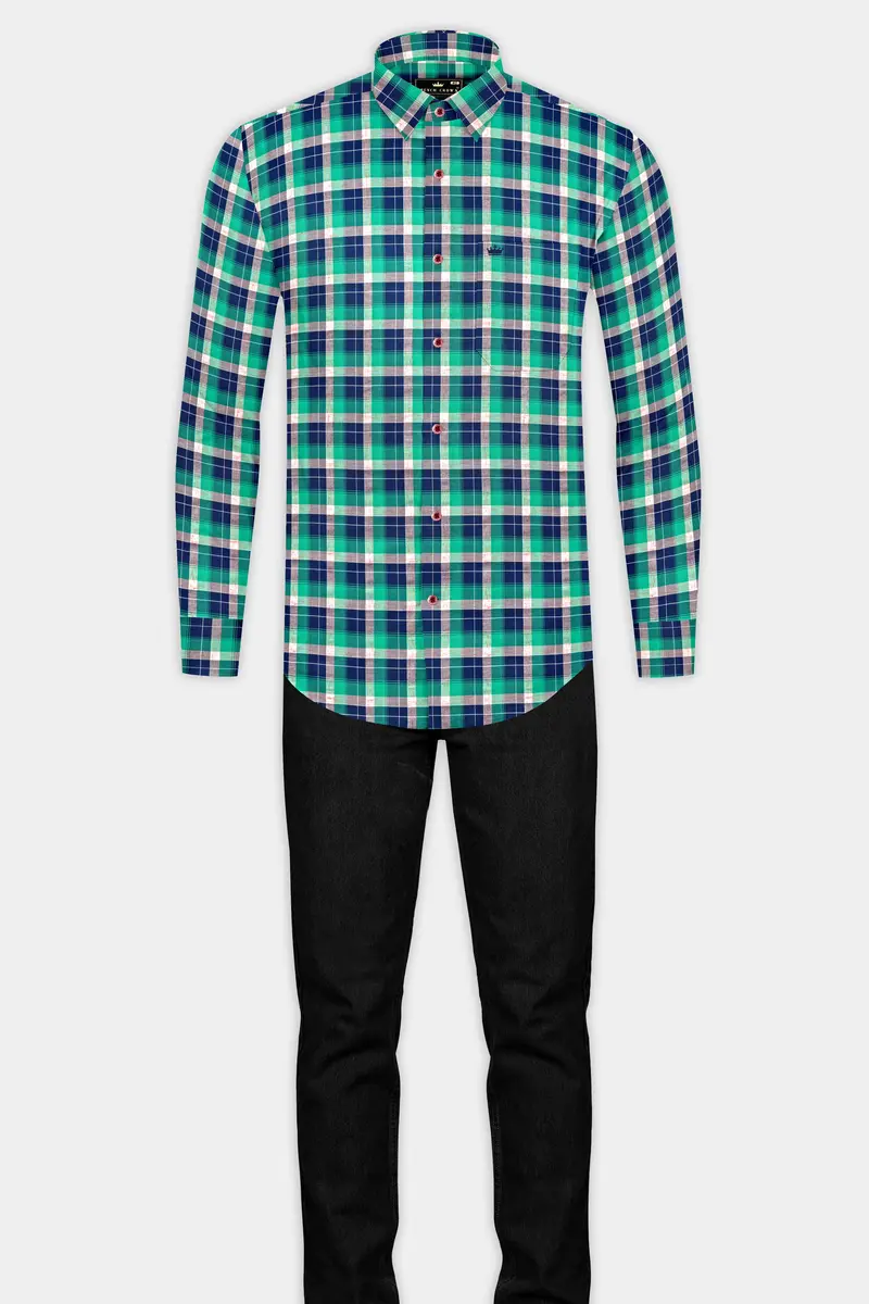 Chambray Blue And Topaz Green Plaid Royal Oxford Shirt 6