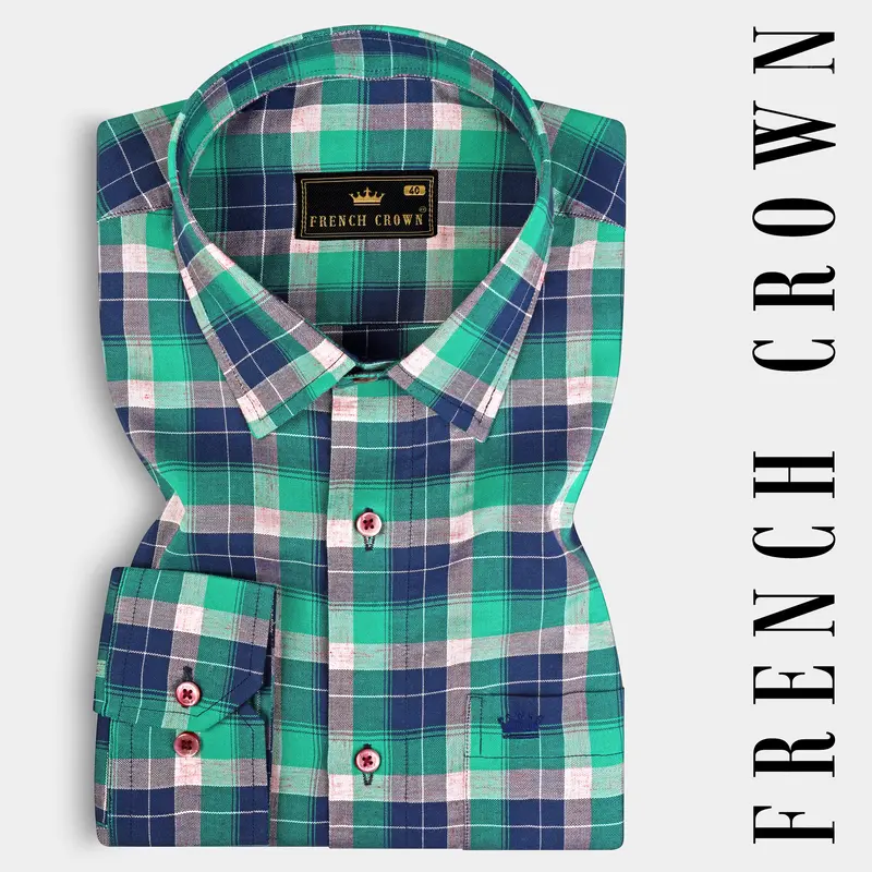 Chambray Blue And Topaz Green Plaid Royal Oxford Shirt 7