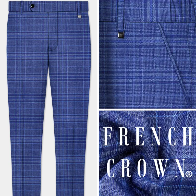 Chambray Blue Plaid Wool Rich Stretchable Waistband Pant 1