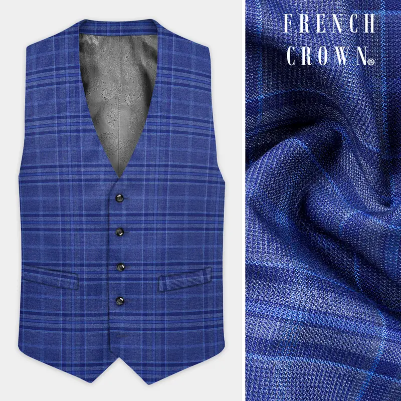 Chambray Blue Plaid Wool Rich Waistcoat 1
