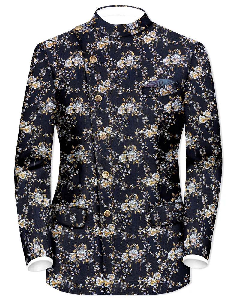 Chambray Blue With White Rose & Lily Textured Cross Placket Bandhgala Designer Blazer 1