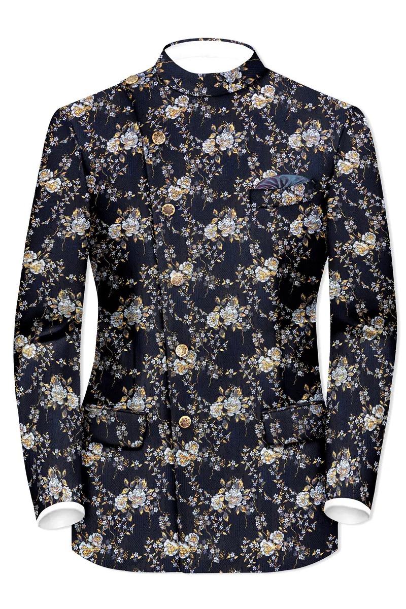 Chambray Blue With White Rose & Lily Textured Cross Placket Bandhgala Designer Blazer 2