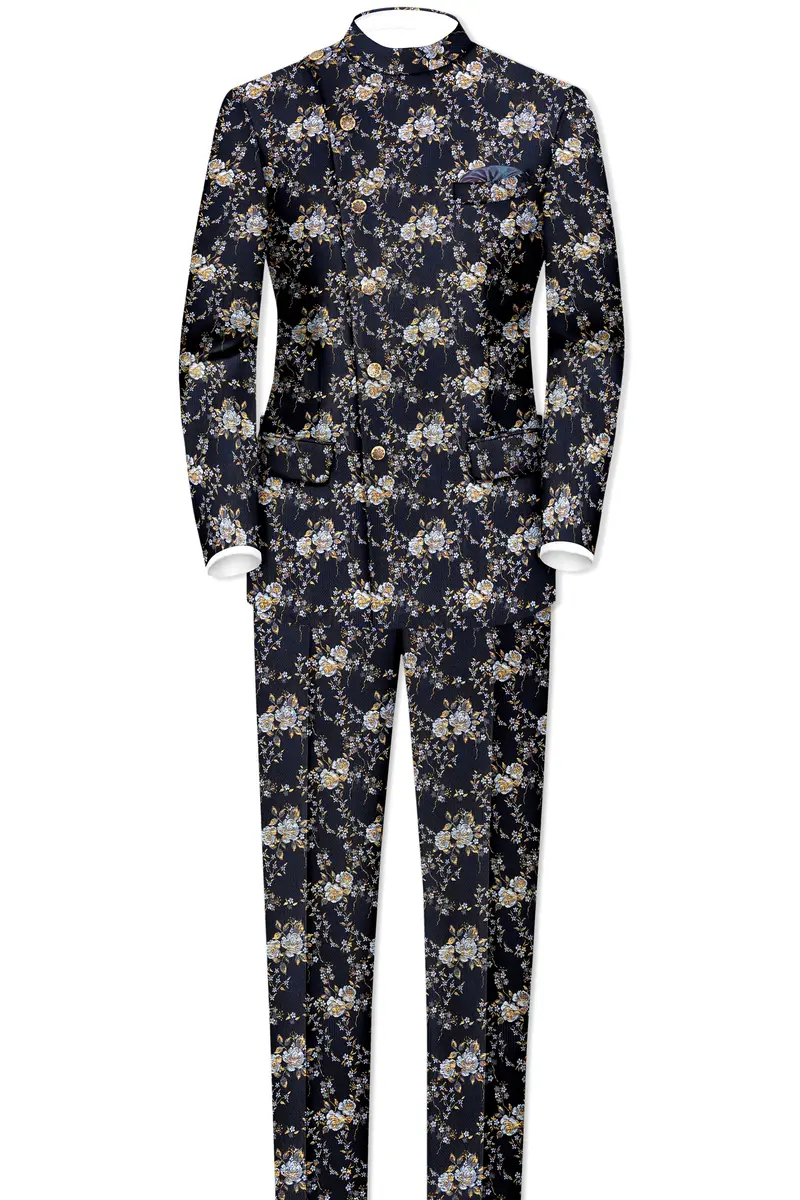 Chambray Blue With White Rose & Lily Textured Cross Placket Bandhgala Designer Blazer 4
