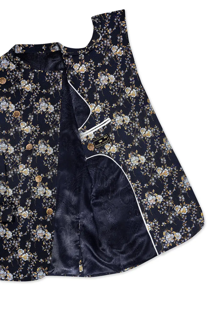 Chambray Blue With White Rose & Lily Textured Cross Placket Bandhgala Designer Blazer 5