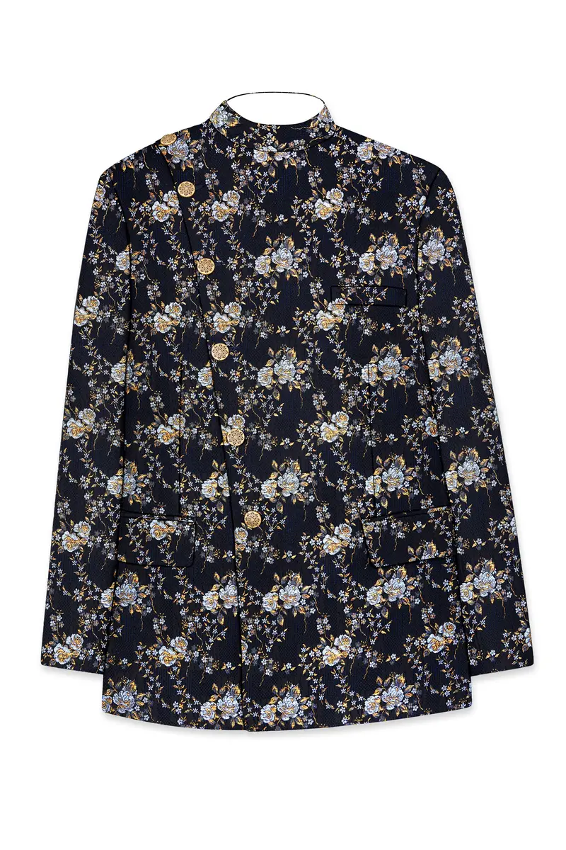 Chambray Blue With White Rose & Lily Textured Cross Placket Bandhgala Designer Blazer 7