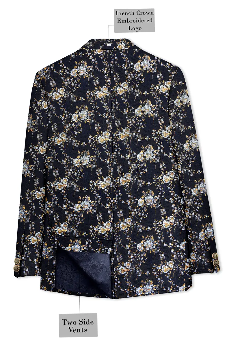 Chambray Blue With White Rose & Lily Textured Cross Placket Bandhgala Designer Blazer 8